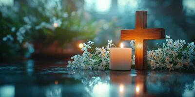 Wooden cross and candle surrounded by flowers in a serene setting during evening light photo