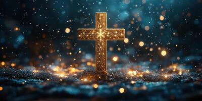 Golden cross surrounded by glowing lights and shimmering particles in a dark setting photo