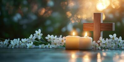 Warm candles and a wooden cross with flowers during an intimate evening gathering photo