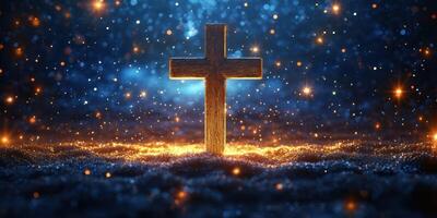 Sparkling cross illuminated by particles in a dark atmosphere during a spiritual moment of reflection photo