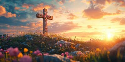 Sunset shedding light on a cross adorned with flowers in a serene landscape filled with colorful blooms photo