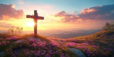 Serenity at dusk with a cross surrounded by vibrant flowers under a colorful sky photo