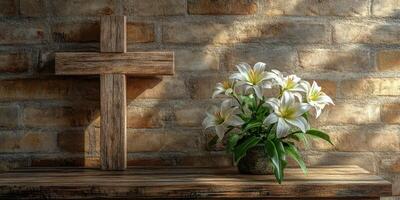 Rustic wooden cross with white lilies in a cozy setting illuminated by natural light photo