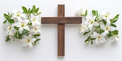 Elegant wooden cross surrounded by white flowers on a clean surface for a spiritual or memorial setting photo