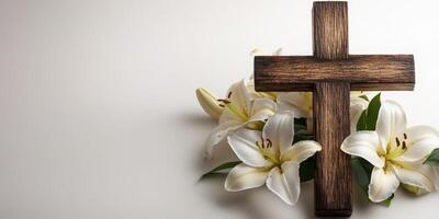 Beautiful cross adorned with white lilies resting peacefully on a soft background during a serene moment of reflection photo