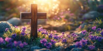 Wooden cross surrounded by blossoming purple flowers during golden hour in a tranquil outdoor setting photo