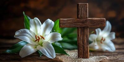 Beautiful white lilies and wooden cross create a serene atmosphere in a peaceful setting photo