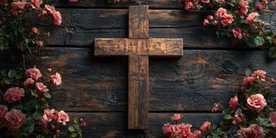 Wooden cross adorned with pink roses against a rustic wooden background in a serene setting photo