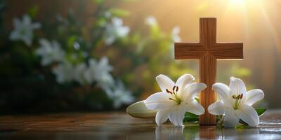 Beautiful wooden cross with white lilies illuminated by soft light in a serene setting photo