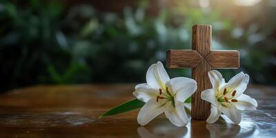 Wooden cross adorned with white lilies on a wooden table in a serene, natural setting during soft sunlight photo