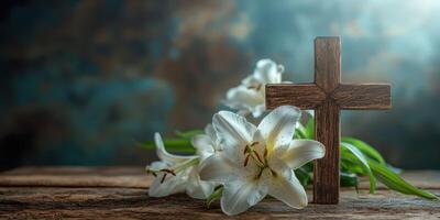 Wooden cross and white lilies arranged on a rustic table for a serene moment of reflection and spirituality photo