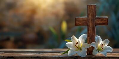 Wooden cross and white lilies on a rustic table in a serene setting during soft natural light photo