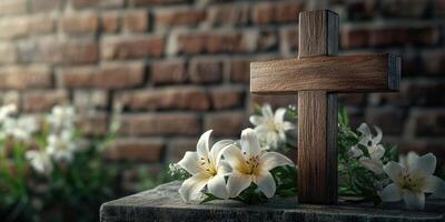 Wooden cross with white lilies against a rustic brick background in a serene setting photo