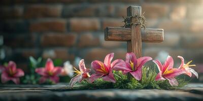 Cross with flowers in a serene setting showcasing peace and reflection during a quiet morning photo