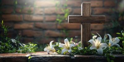 Wooden cross surrounded by lilies and greenery set against a textured brick background in a serene atmosphere photo