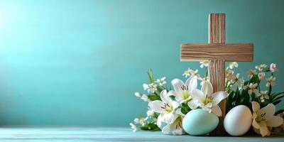 Decorative cross with flowers and colored eggs set against a soft background during Easter celebration photo