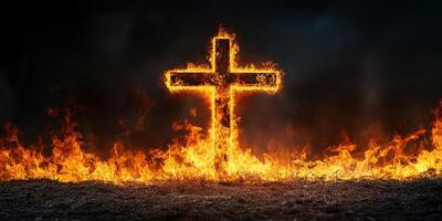 Burning cross surrounded by flames in a dark background representing conflict and division photo