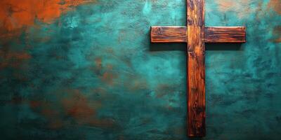 Cross decorates an artistic wall with vibrant colors in a serene setting photo