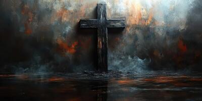 Distinctive wooden cross illuminated by dramatic light with fog and textured background photo