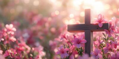 Beautiful wooden cross surrounded by blooming pink flowers at sunset in a serene garden setting photo