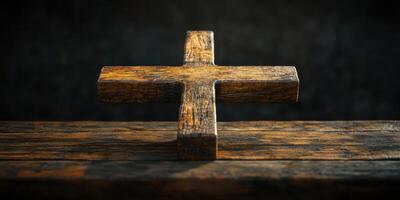 Rustic wooden cross resting on a weathered table in a dimly lit setting evokes a sense of reverence and tradition photo