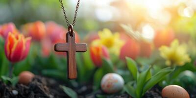 Cross necklace hangs in a vibrant flower garden during springtime with colorful eggs scattered below photo