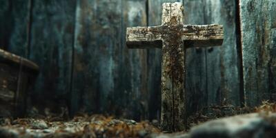 Weathered wooden cross stands in a forgotten graveyard surrounded by nature's reclaiming touch photo