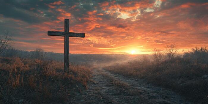 puesta de sol terminado un tranquilo campo con un de madera cruzar cerca un devanado camino en un nublado noche foto