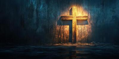 Wooden cross illuminated by soft light against a dark, textured background at night photo