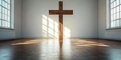 Wooden cross bathed in sunlight within a minimalistic church interior at midday photo