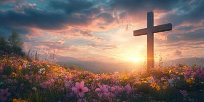 Sunset over a flowering meadow with a wooden cross symbolizing tranquility and hope in nature's beauty photo