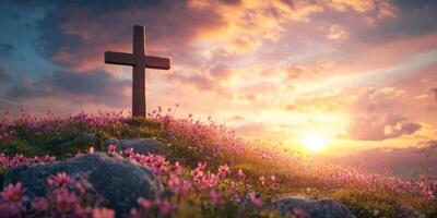 Sunset view over a meadow with a wooden cross surrounded by blooming flowers on a tranquil evening photo