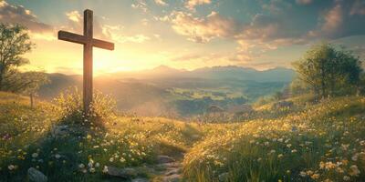 Scenic sunrise over a floral landscape with a wooden cross in the foreground and distant mountains photo