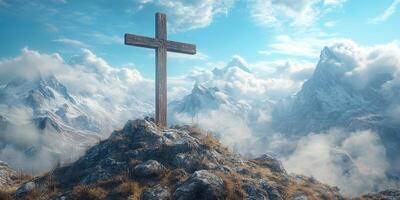 Serene mountain landscape with wooden cross against a backdrop of majestic peaks and clouds at sunrise photo