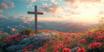 Serene landscape with a wooden cross amidst blooming flowers at sunset in a mountainous region photo