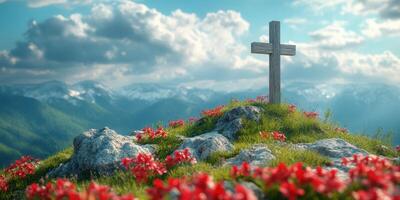 Cross stands on a mountain top surrounded by vibrant flowers under a blue sky with clouds photo