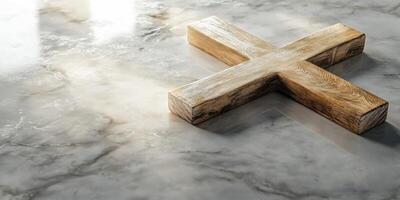 Wooden cross on a marble surface showcasing craftsmanship and design intricacies in a serene setting photo
