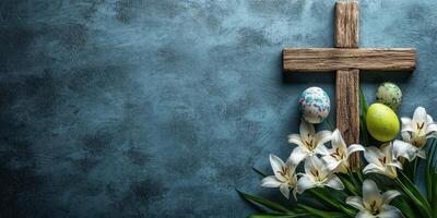 Decorative wooden cross with flowers and Easter eggs for spring celebration photo