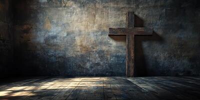 Dark rustic interior with wooden cross casting shadows in an empty room at dusk photo