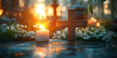 Serene sunset tribute at a memorial site with candles and flowers illuminating a wooden cross photo