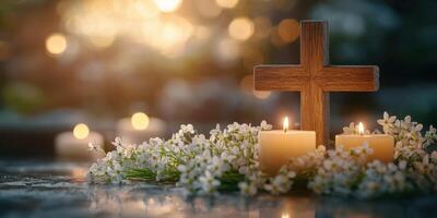 Candles and wooden cross surrounded by flowers create peaceful ambiance in a serene setting photo