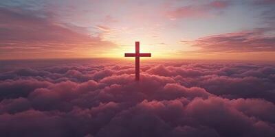 Spiritual sunrise over clouds with a cross symbolizing hope and faith in a serene sky photo