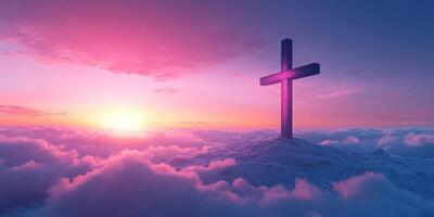 Beautiful sunrise illuminates a cross standing on clouds, symbolizing hope and faith in a serene sky photo