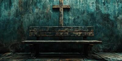 Weathered wooden bench with a cross on a textured wall in a somber and reflective space photo