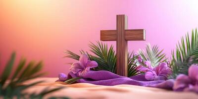 Wooden cross adorned with flowers and greenery against a colorful backdrop during a spring season celebration photo
