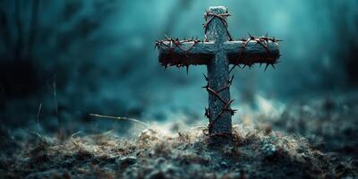 Wooden cross surrounded by thorny vines in a misty forest during twilight hours evokes a somber atmosphere photo