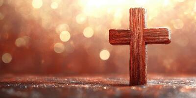 Wooden cross standing on a reflective surface with shimmering background lights during a spiritual moment photo