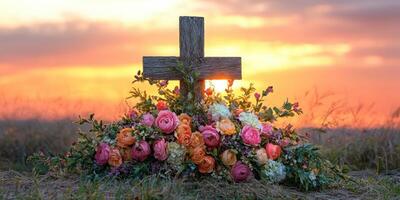 Sunset memorial with colorful flowers surrounding a wooden cross in a serene landscape photo
