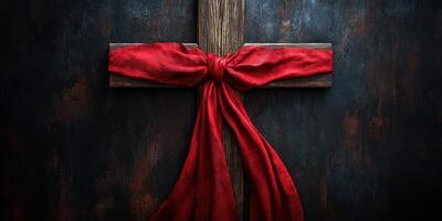 Cross adorned with a vibrant red ribbon against a dark textured background during a reflective moment photo