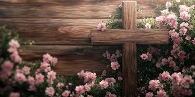 Wooden cross surrounded by pink flowers against a rustic wooden backdrop during springtime photo